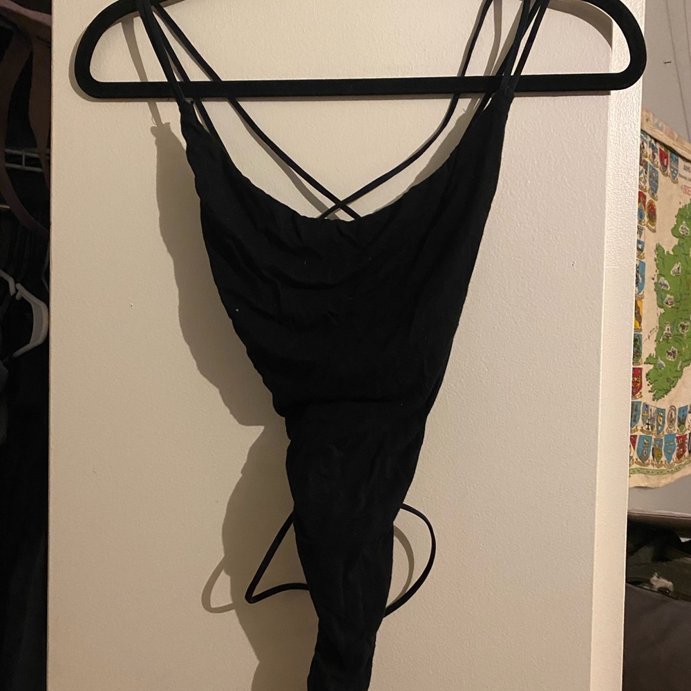 Black cross back backless body suit one size